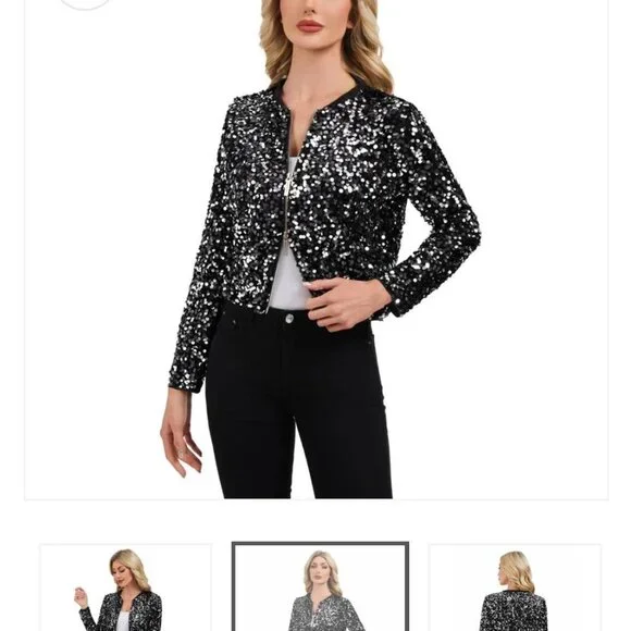 Anna Kaci Black Sequin Bomber Jacket Womens M Shimmery Eclectic Grandma Party - Picture 2 of 7